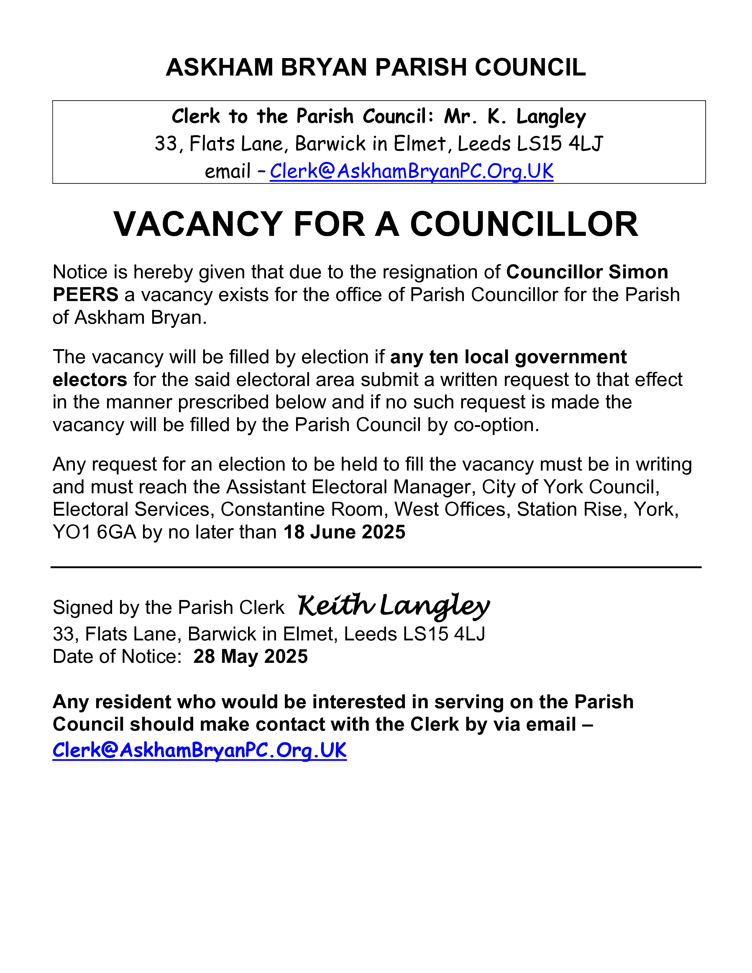 Casual Vacancy on the Parish Council due to the resignation of Simon Peers